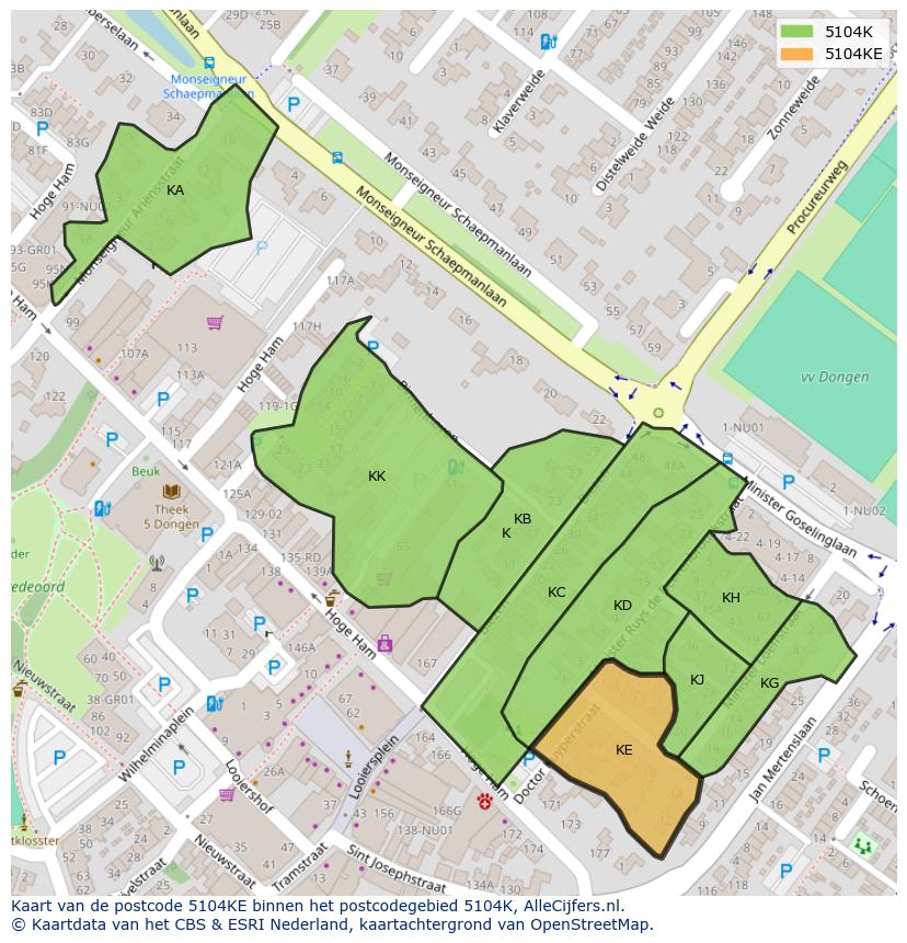 Afbeelding van het postcodegebied 5104 KE op de kaart.