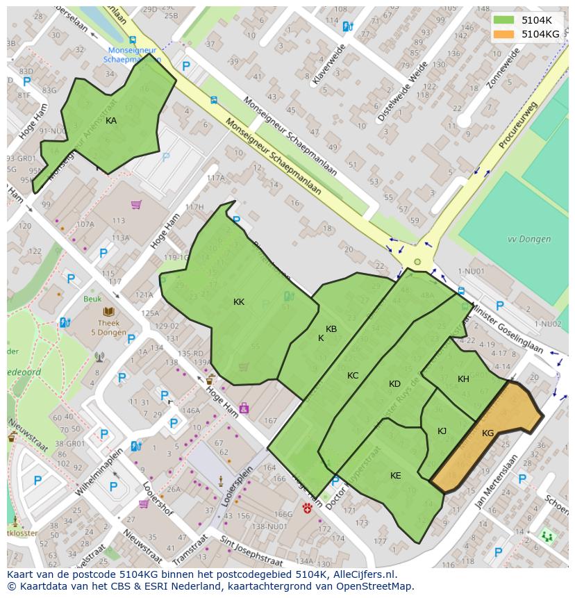Afbeelding van het postcodegebied 5104 KG op de kaart.