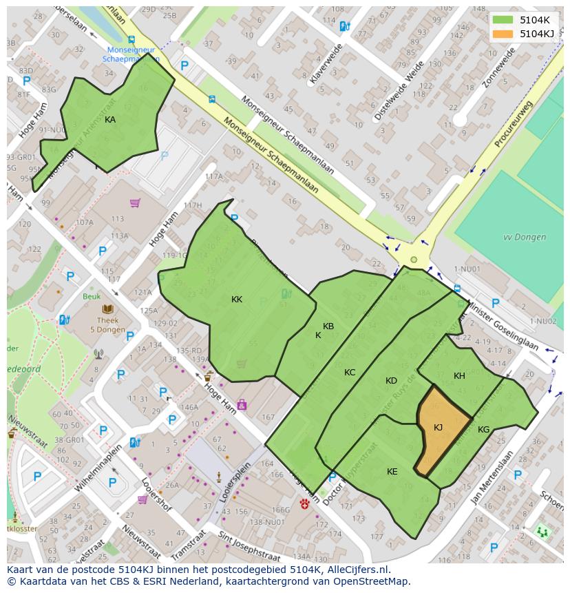 Afbeelding van het postcodegebied 5104 KJ op de kaart.