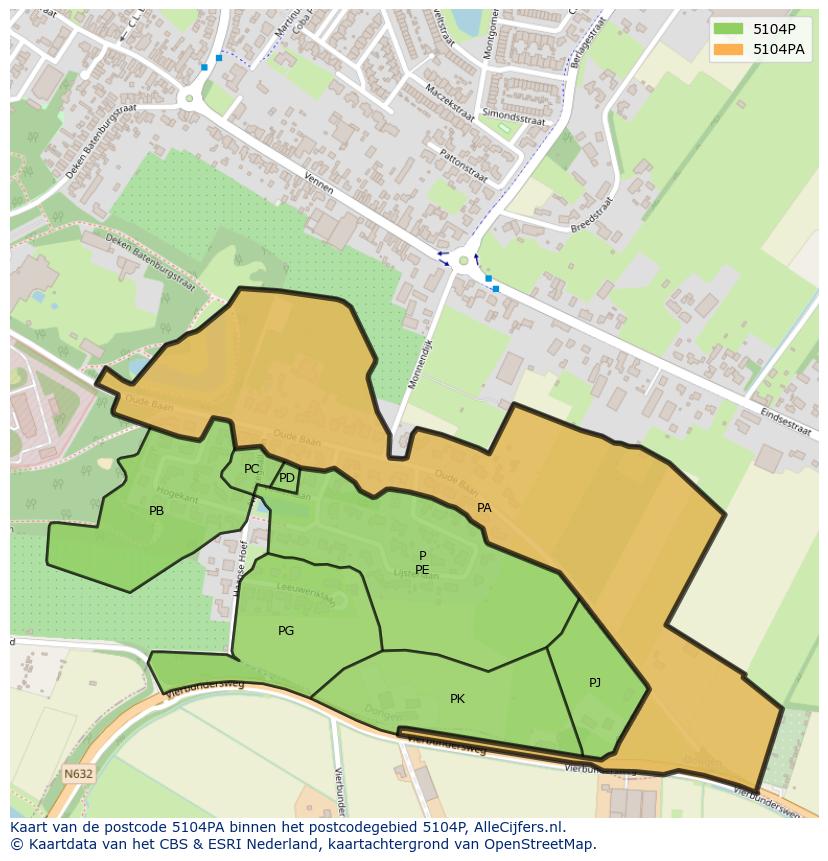 Afbeelding van het postcodegebied 5104 PA op de kaart.
