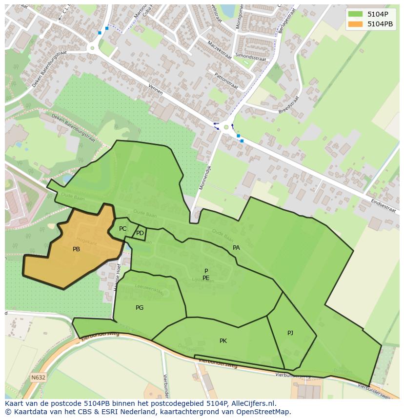 Afbeelding van het postcodegebied 5104 PB op de kaart.