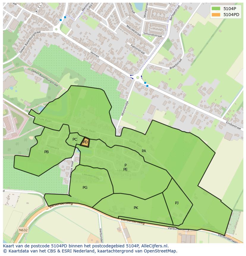 Afbeelding van het postcodegebied 5104 PD op de kaart.