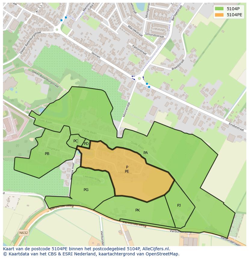 Afbeelding van het postcodegebied 5104 PE op de kaart.