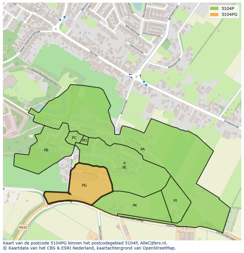 Afbeelding van het postcodegebied 5104 PG op de kaart.