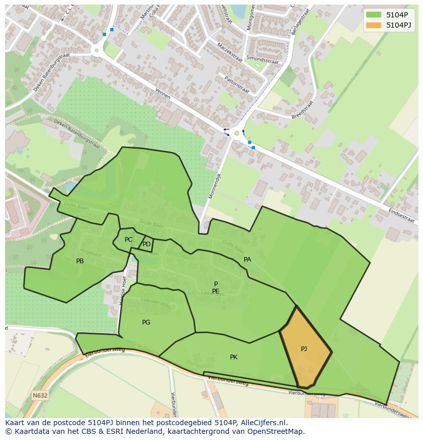 Afbeelding van het postcodegebied 5104 PJ op de kaart.