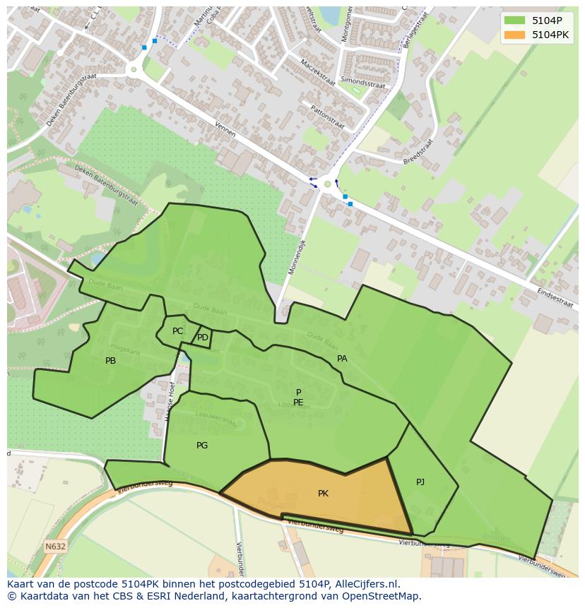 Afbeelding van het postcodegebied 5104 PK op de kaart.