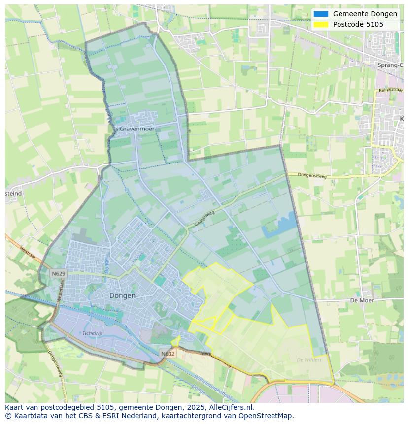 Afbeelding van het postcodegebied 5105 op de kaart.