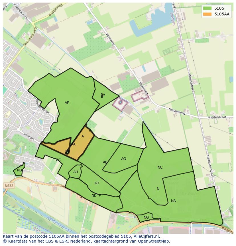 Afbeelding van het postcodegebied 5105 AA op de kaart.