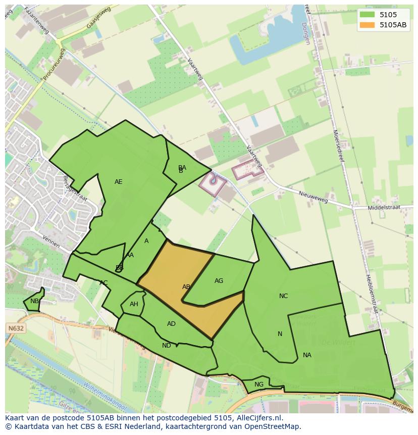 Afbeelding van het postcodegebied 5105 AB op de kaart.