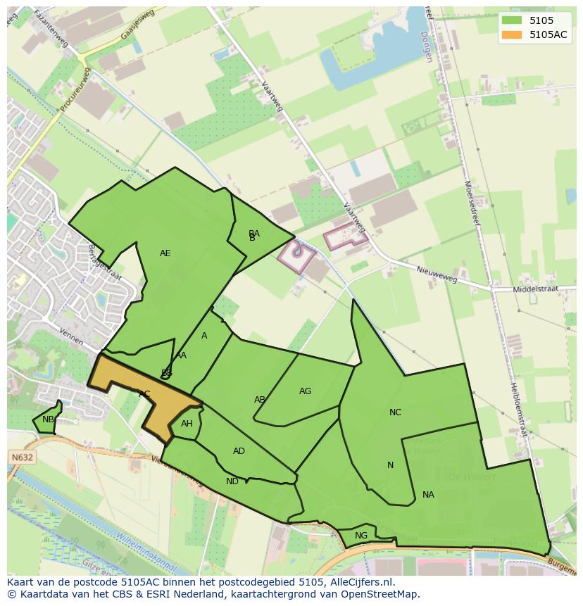 Afbeelding van het postcodegebied 5105 AC op de kaart.