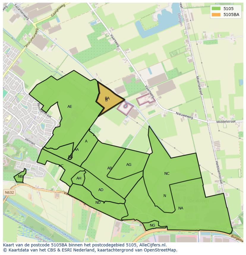 Afbeelding van het postcodegebied 5105 BA op de kaart.