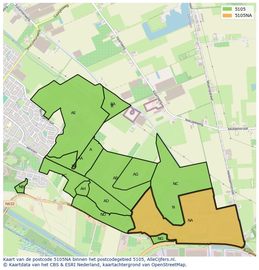 Afbeelding van het postcodegebied 5105 NA op de kaart.