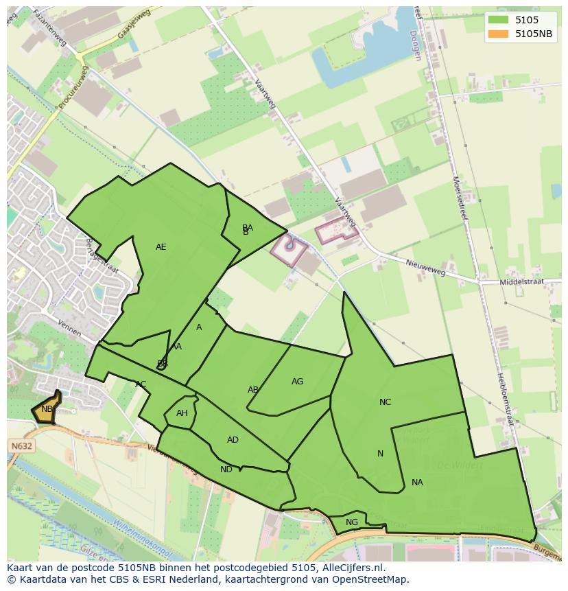 Afbeelding van het postcodegebied 5105 NB op de kaart.