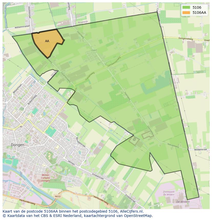 Afbeelding van het postcodegebied 5106 AA op de kaart.
