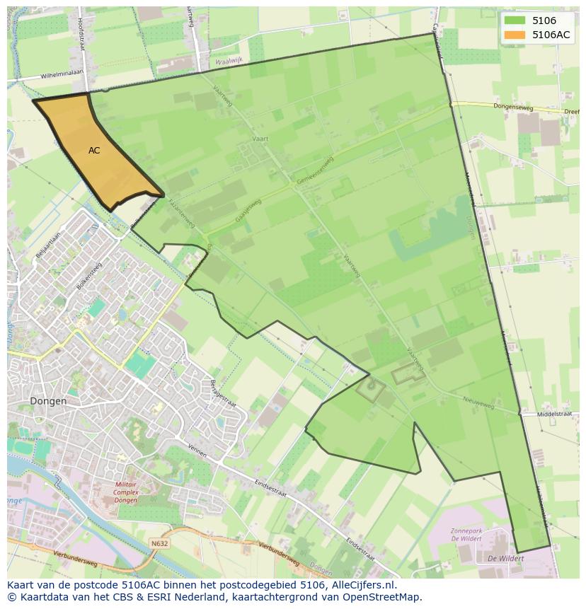 Afbeelding van het postcodegebied 5106 AC op de kaart.