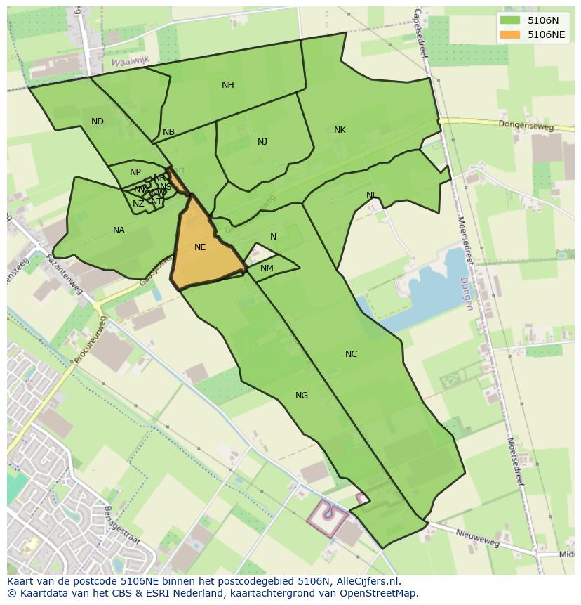 Afbeelding van het postcodegebied 5106 NE op de kaart.