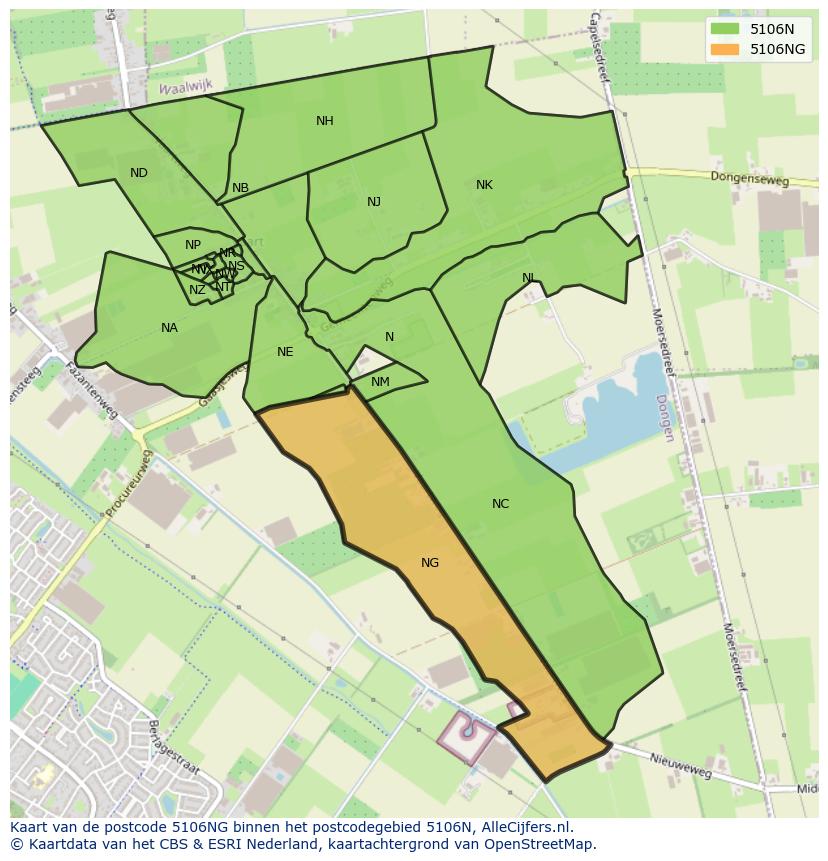 Afbeelding van het postcodegebied 5106 NG op de kaart.