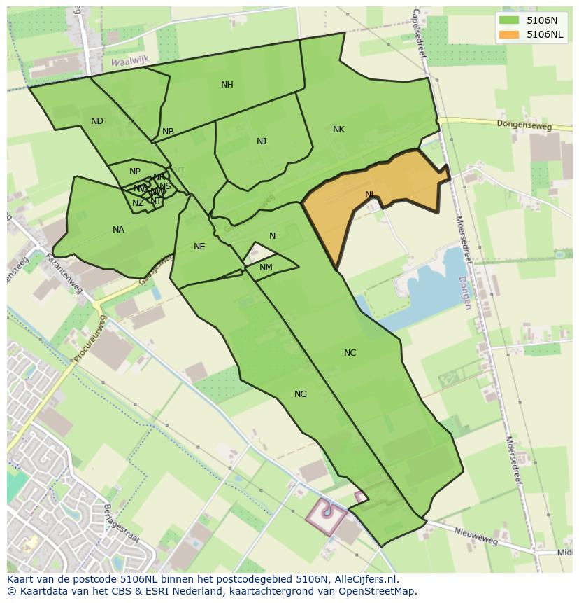 Afbeelding van het postcodegebied 5106 NL op de kaart.