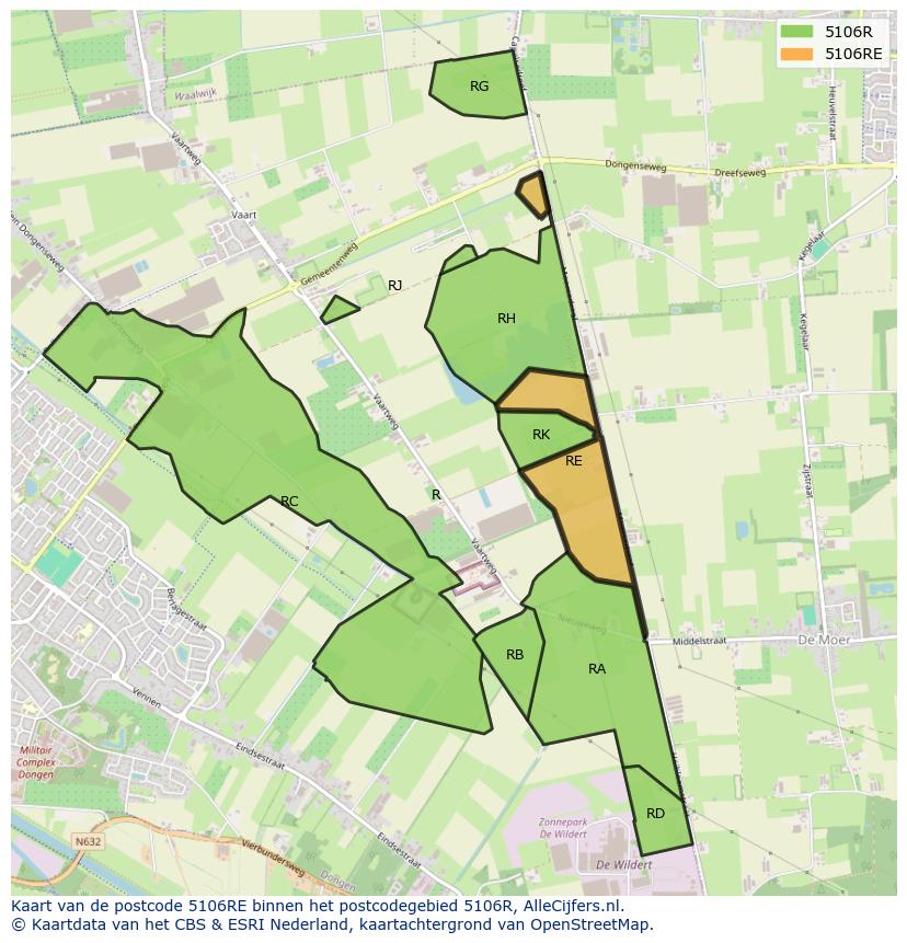 Afbeelding van het postcodegebied 5106 RE op de kaart.