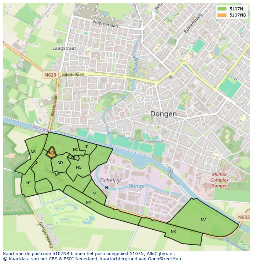 Afbeelding van het postcodegebied 5107 NB op de kaart.