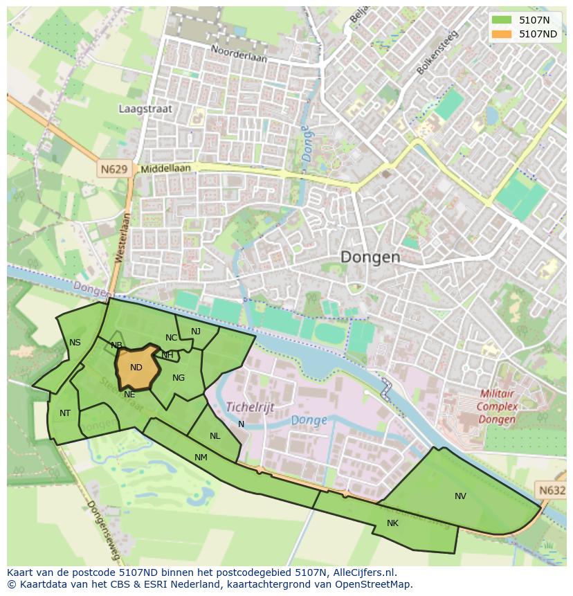 Afbeelding van het postcodegebied 5107 ND op de kaart.