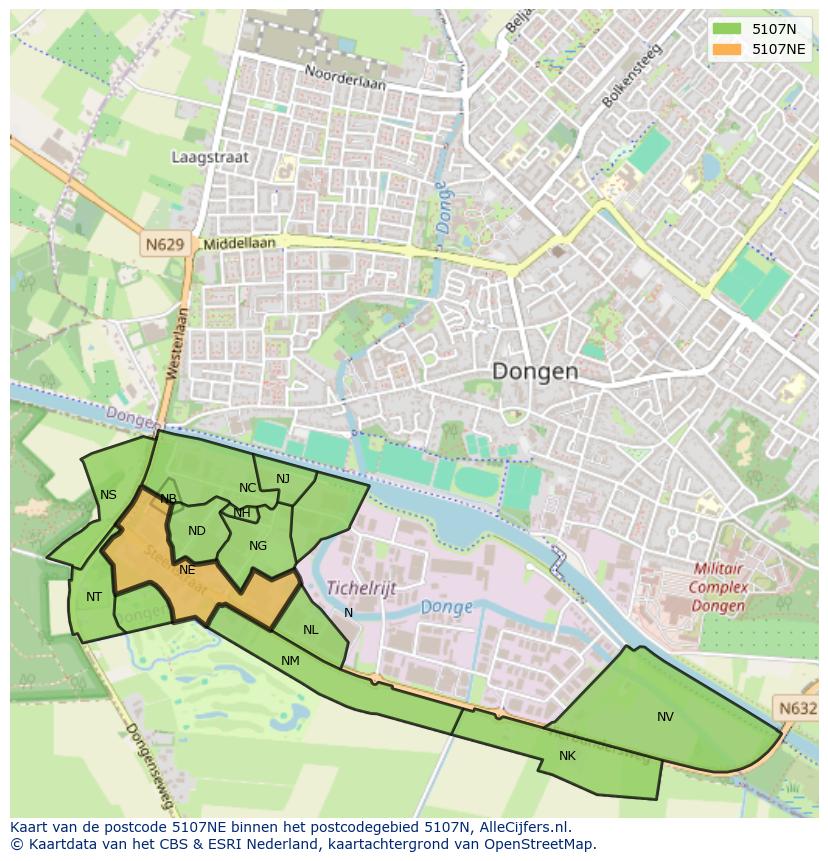 Afbeelding van het postcodegebied 5107 NE op de kaart.