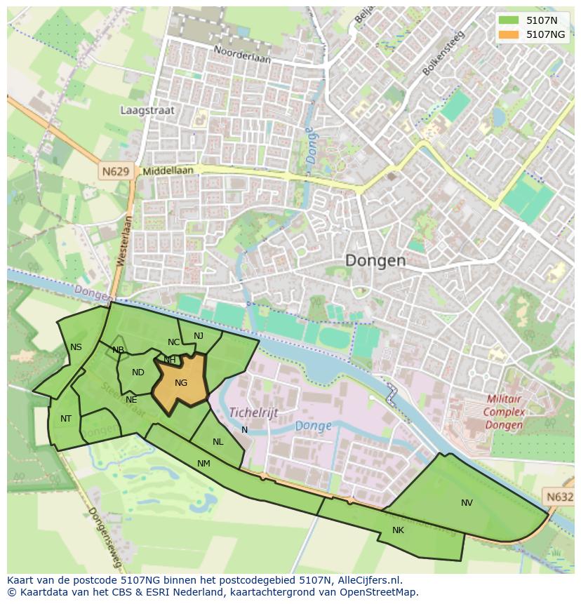 Afbeelding van het postcodegebied 5107 NG op de kaart.