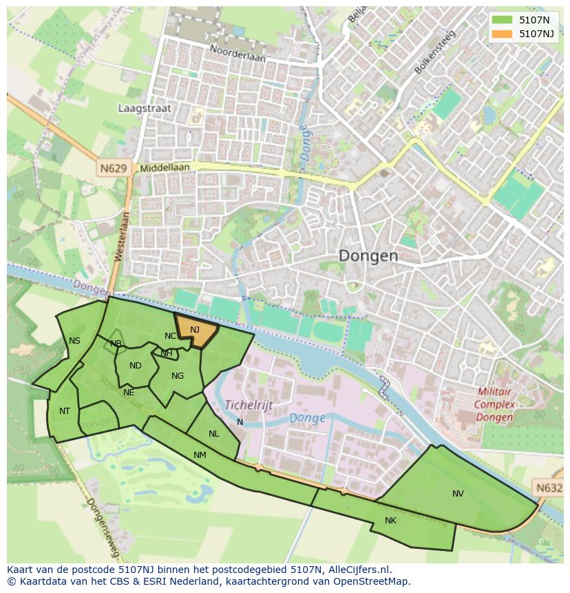 Afbeelding van het postcodegebied 5107 NJ op de kaart.