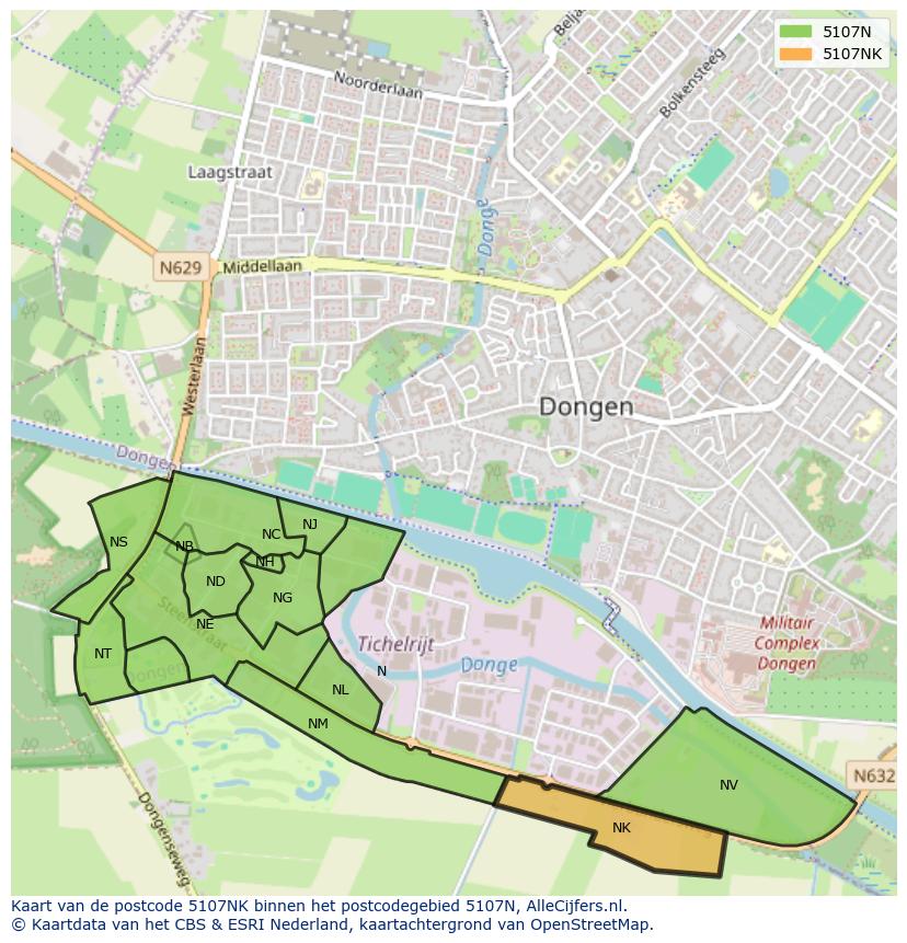 Afbeelding van het postcodegebied 5107 NK op de kaart.
