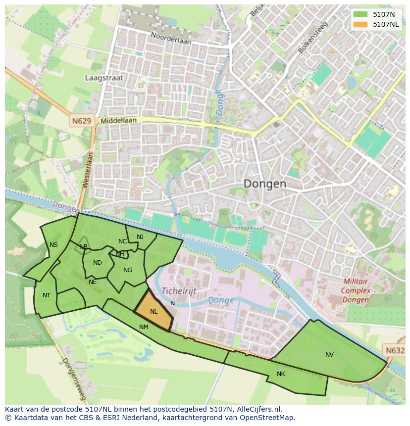 Afbeelding van het postcodegebied 5107 NL op de kaart.