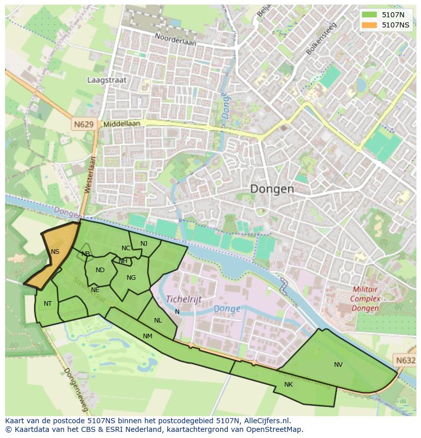 Afbeelding van het postcodegebied 5107 NS op de kaart.