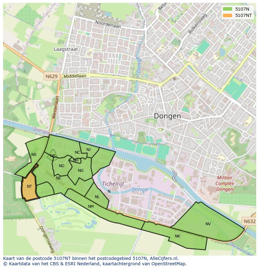Afbeelding van het postcodegebied 5107 NT op de kaart.