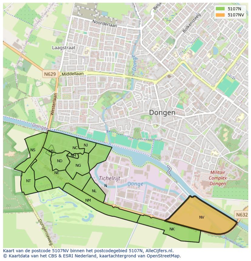 Afbeelding van het postcodegebied 5107 NV op de kaart.