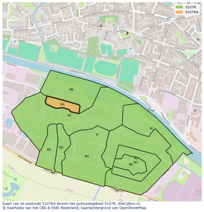 Afbeelding van het postcodegebied 5107 RA op de kaart.
