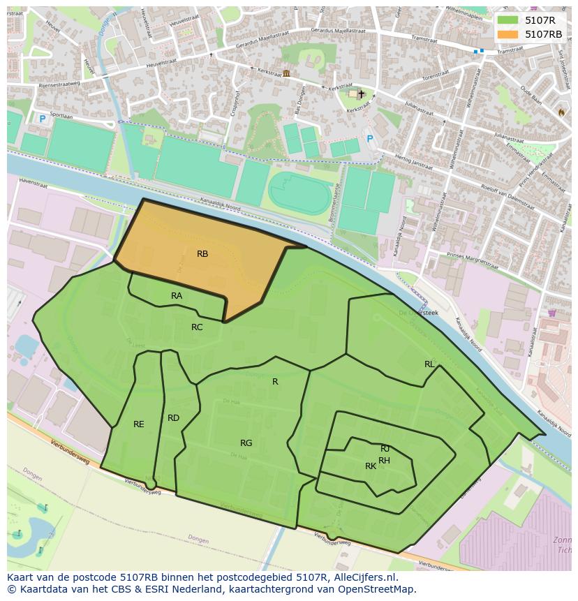 Afbeelding van het postcodegebied 5107 RB op de kaart.
