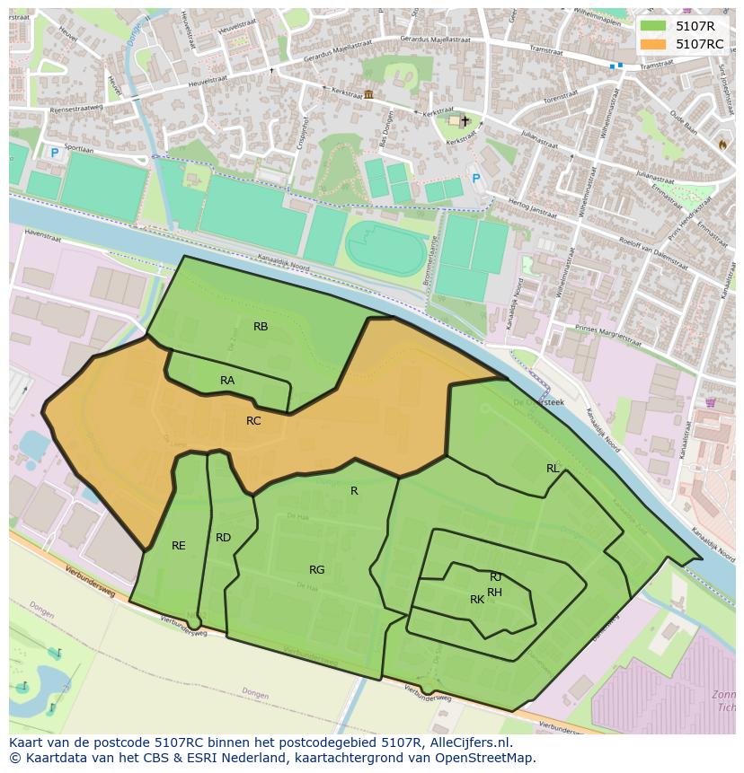 Afbeelding van het postcodegebied 5107 RC op de kaart.