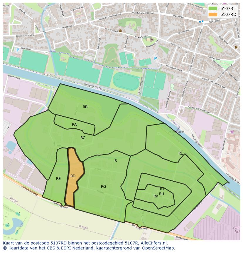 Afbeelding van het postcodegebied 5107 RD op de kaart.