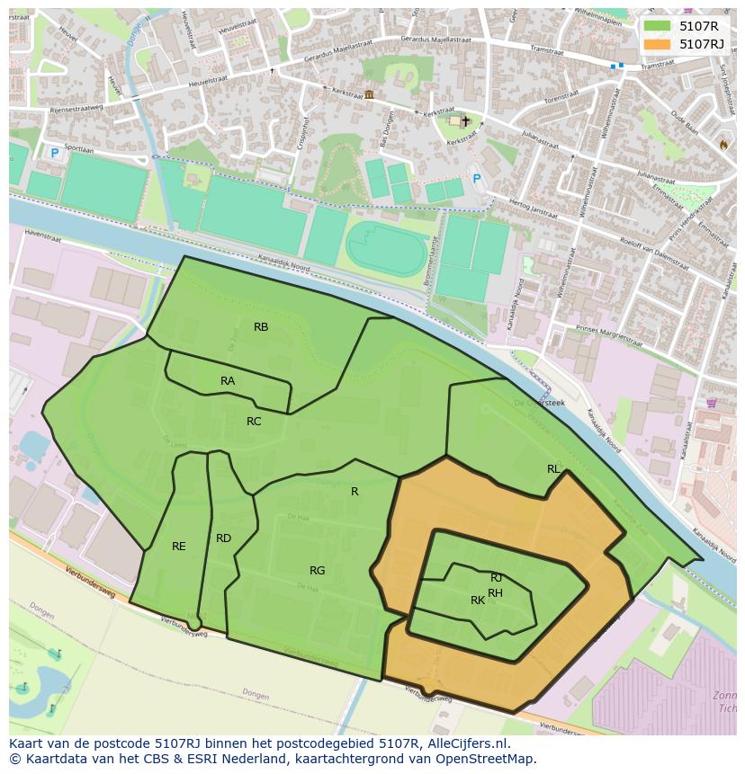 Afbeelding van het postcodegebied 5107 RJ op de kaart.