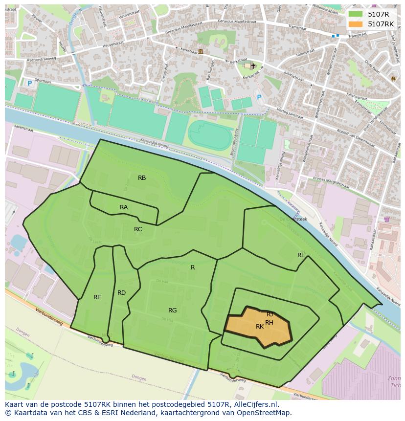 Afbeelding van het postcodegebied 5107 RK op de kaart.