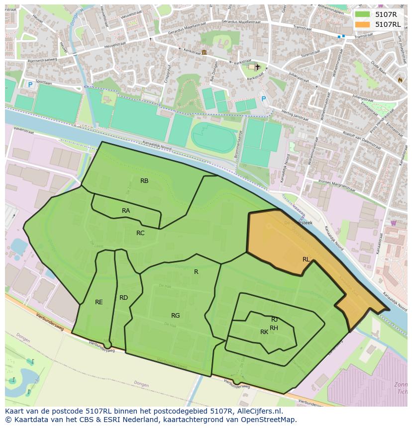 Afbeelding van het postcodegebied 5107 RL op de kaart.