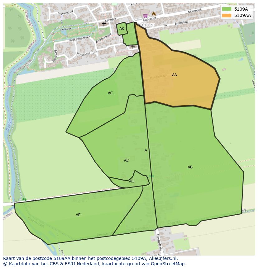 Afbeelding van het postcodegebied 5109 AA op de kaart.