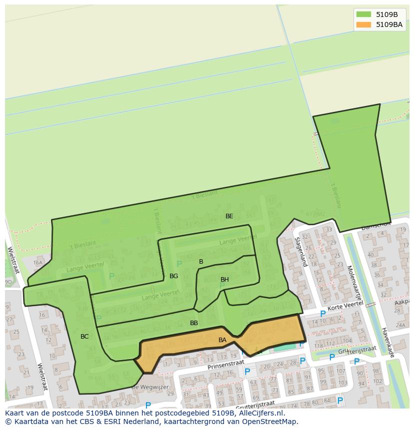 Afbeelding van het postcodegebied 5109 BA op de kaart.