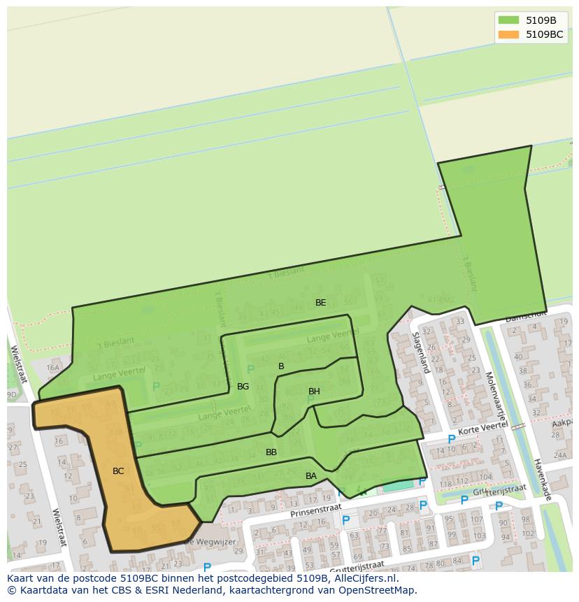 Afbeelding van het postcodegebied 5109 BC op de kaart.