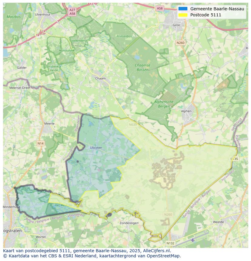 Afbeelding van het postcodegebied 5111 op de kaart.