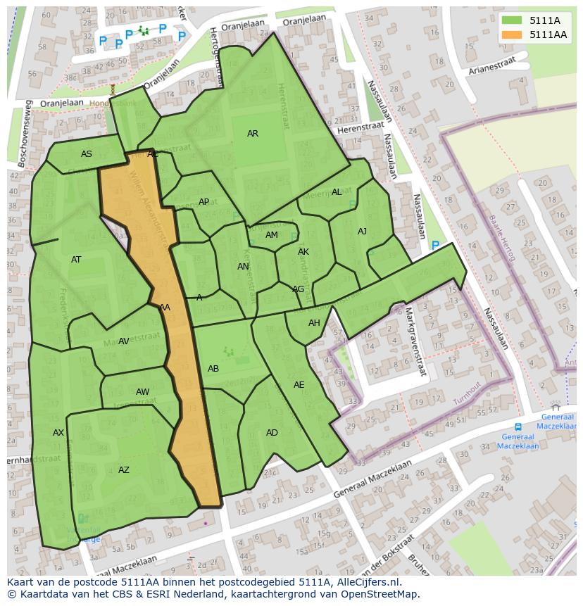Afbeelding van het postcodegebied 5111 AA op de kaart.