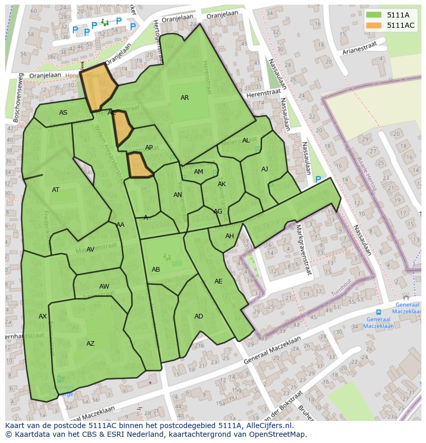 Afbeelding van het postcodegebied 5111 AC op de kaart.