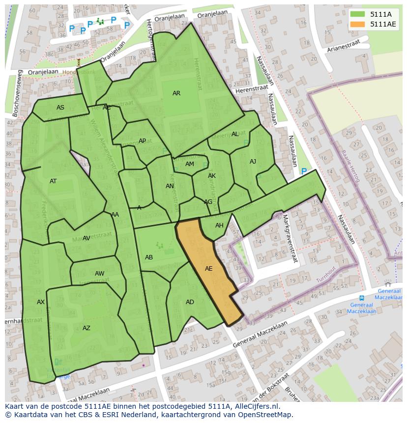Afbeelding van het postcodegebied 5111 AE op de kaart.