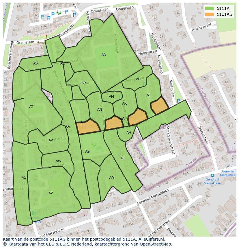 Afbeelding van het postcodegebied 5111 AG op de kaart.