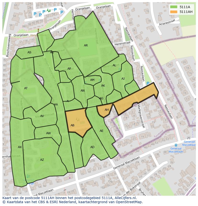 Afbeelding van het postcodegebied 5111 AH op de kaart.