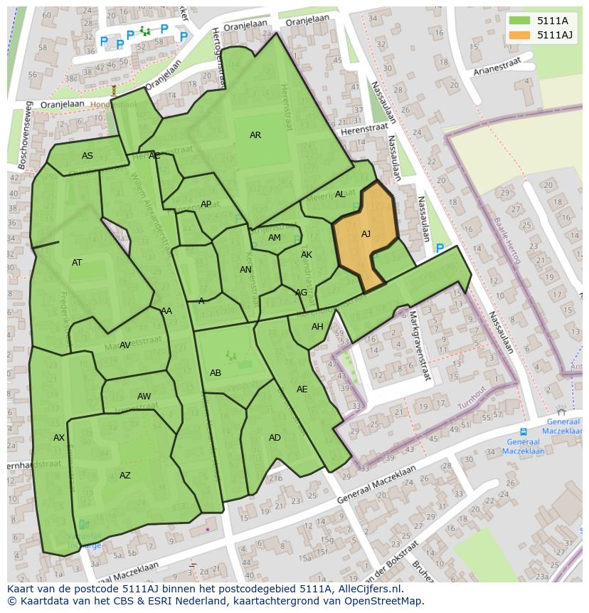 Afbeelding van het postcodegebied 5111 AJ op de kaart.